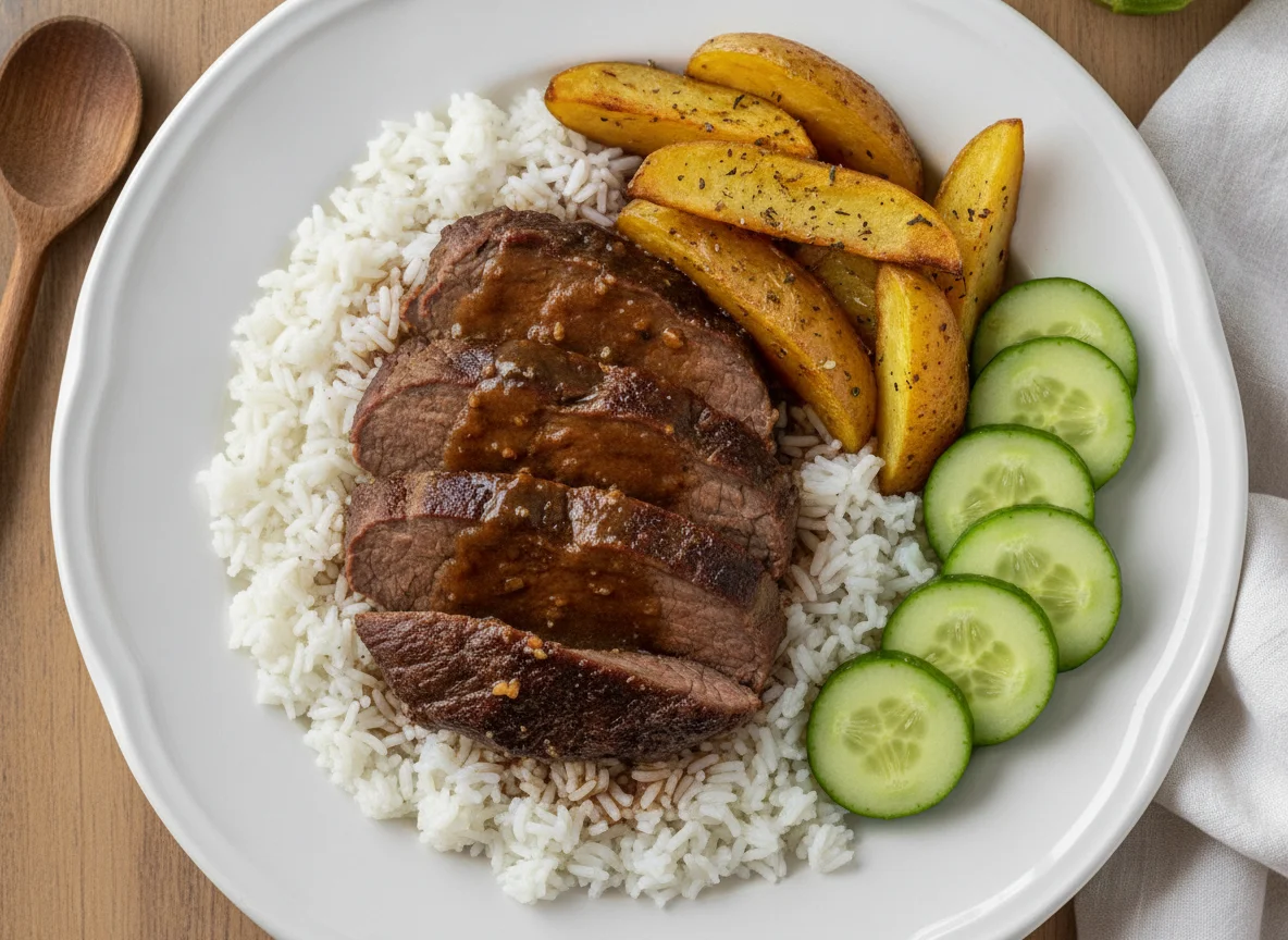 Carne assada com arroz, batatas e pepino photo