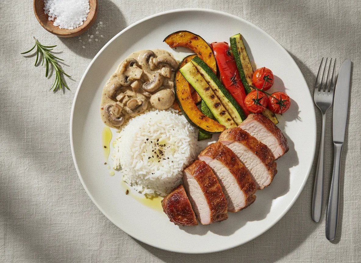 Carne assada com arroz, cogumelos e legumes grelhados photo