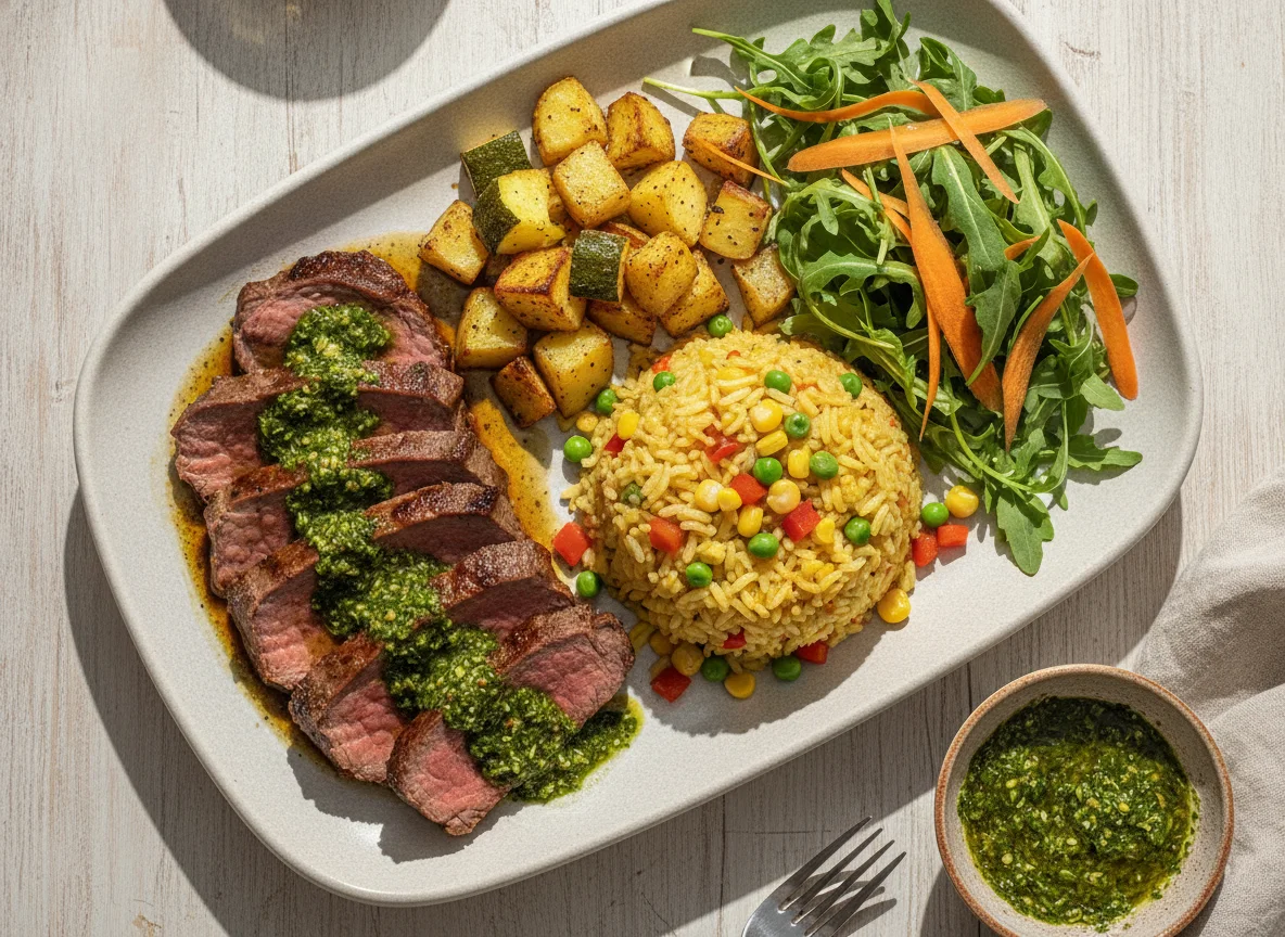 Carne assada com arroz de cúrcuma, legumes e salada photo