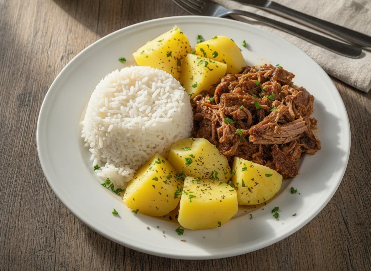 Carne assada com arroz e batatas photo