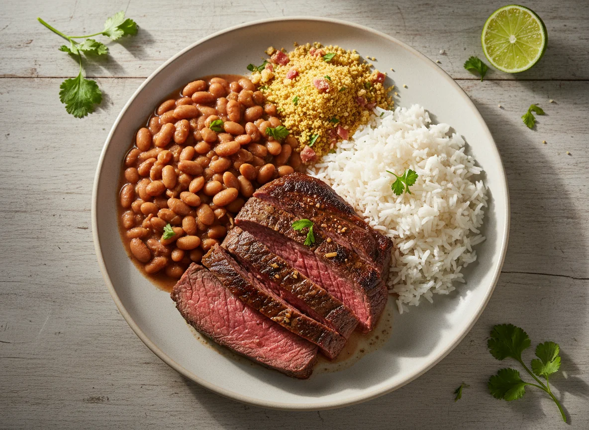 Carne assada com arroz e feijão photo