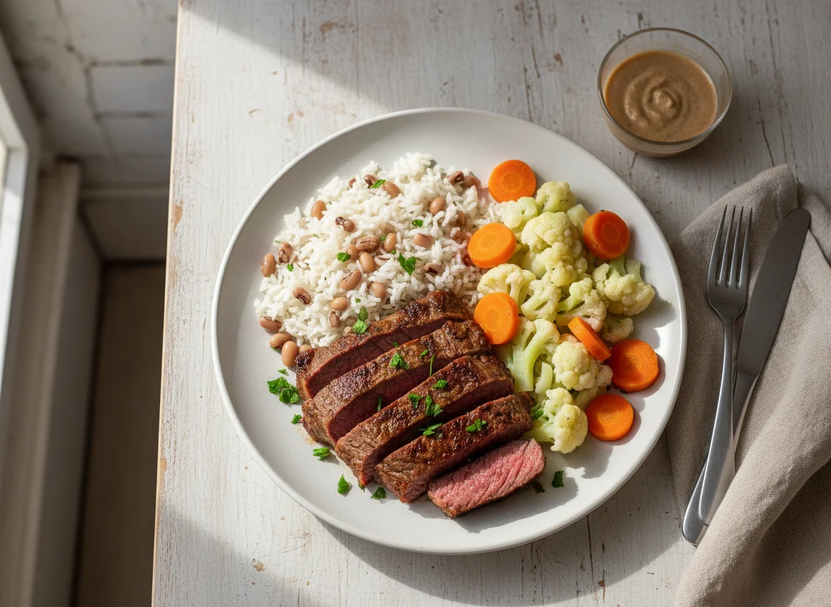 Carne assada com arroz e legumes photo