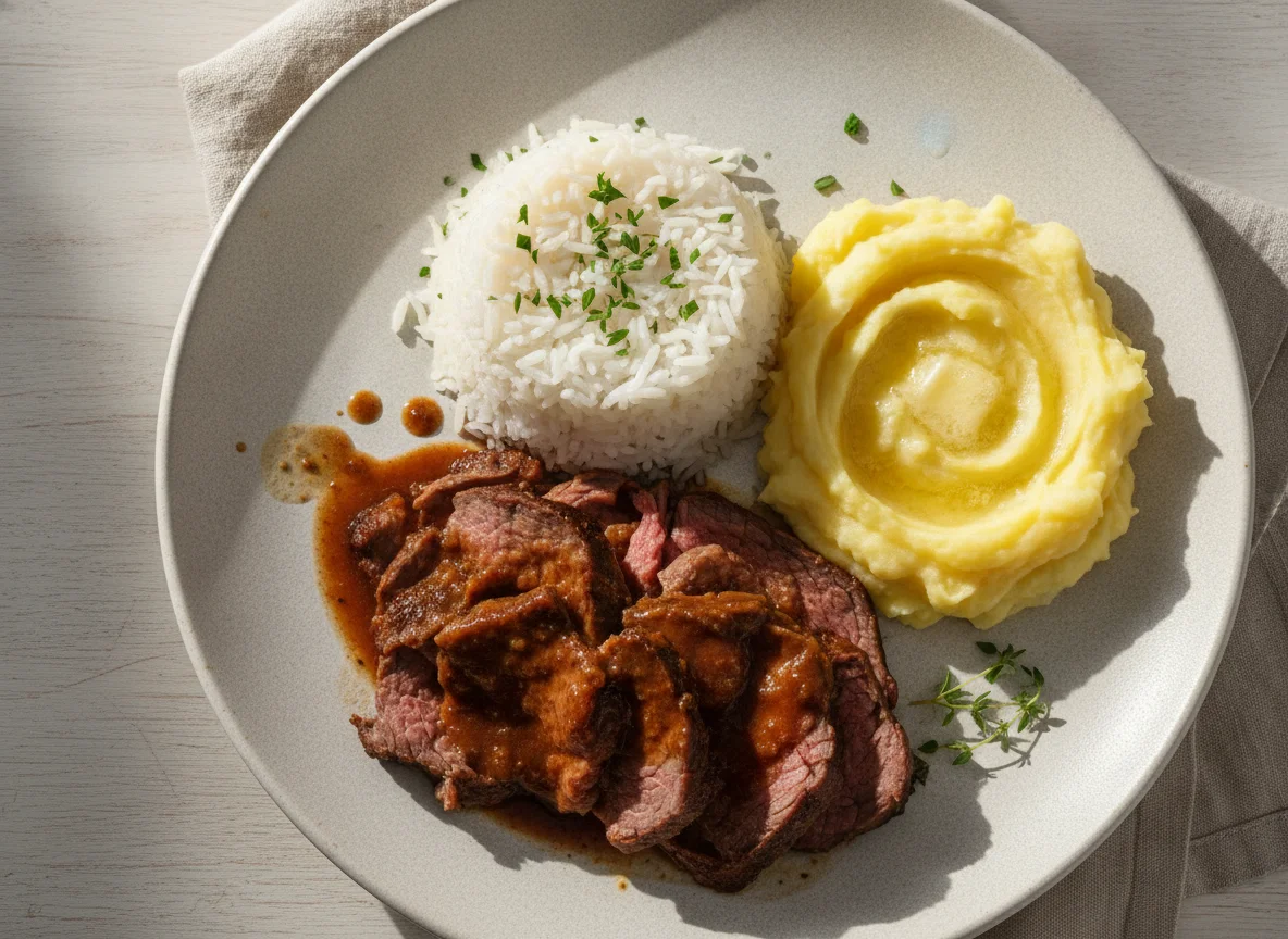 Carne assada com arroz e purê de batata photo