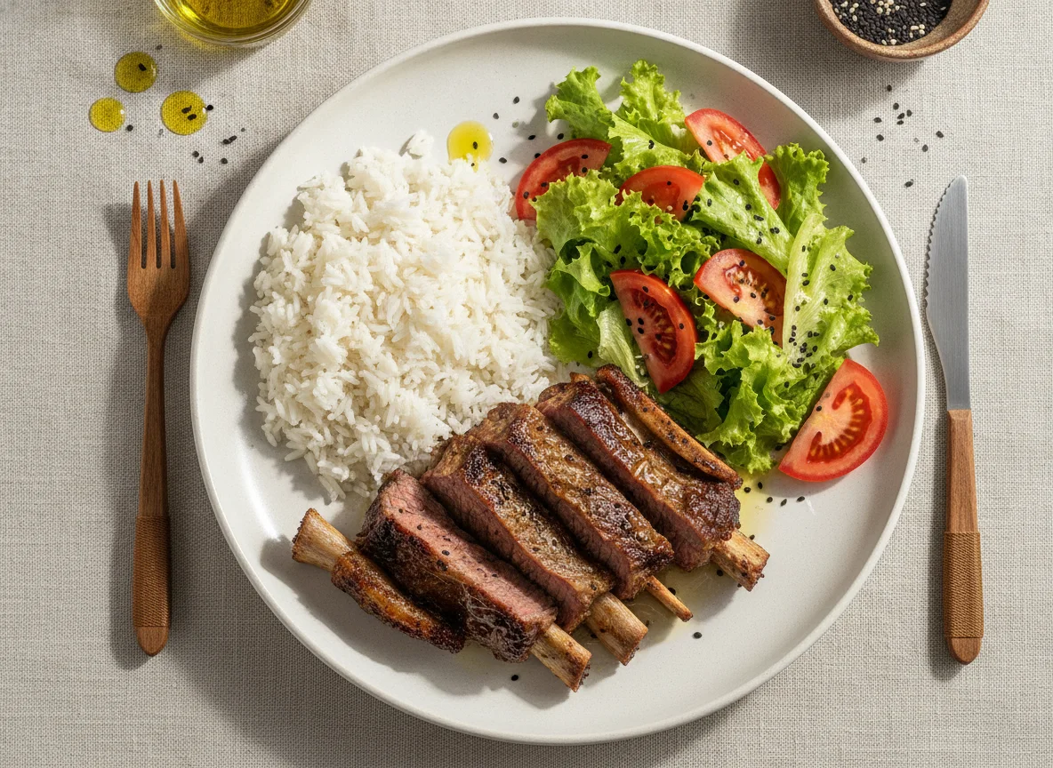 Carne assada com arroz e salada photo