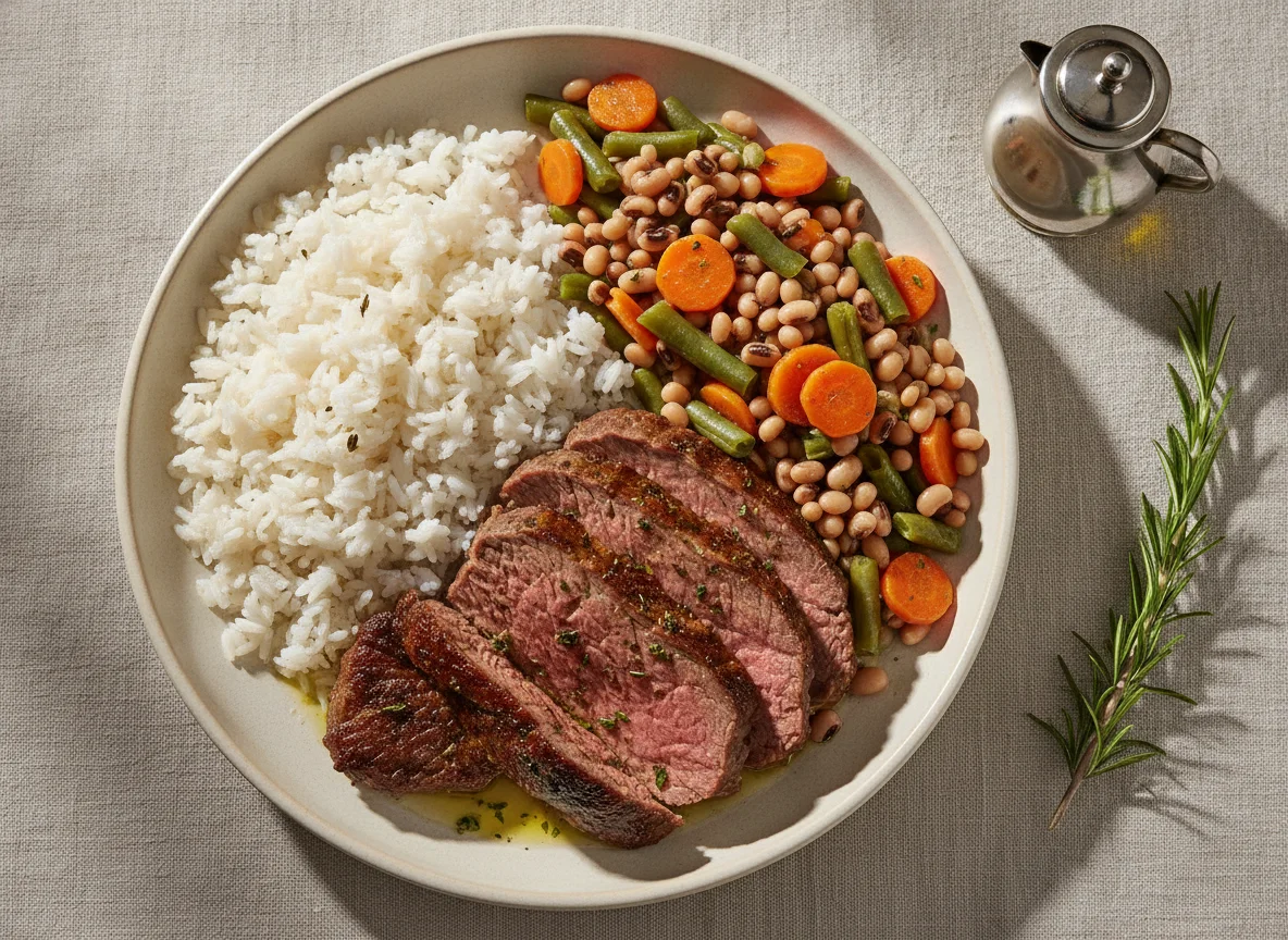 Carne Assada com Arroz e Salada de Feijão Fradinho photo