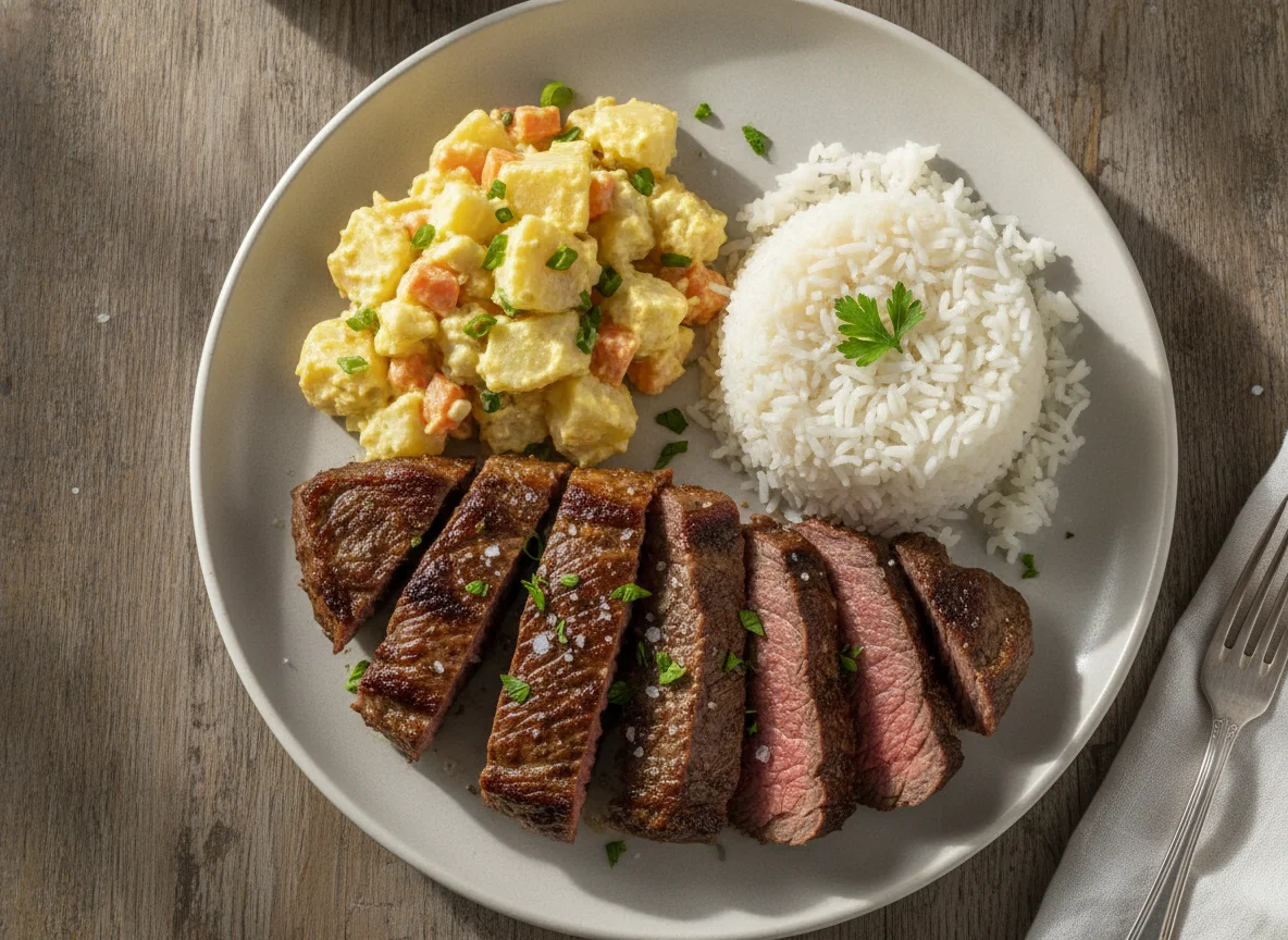 Carne assada com arroz e salada de maionese photo