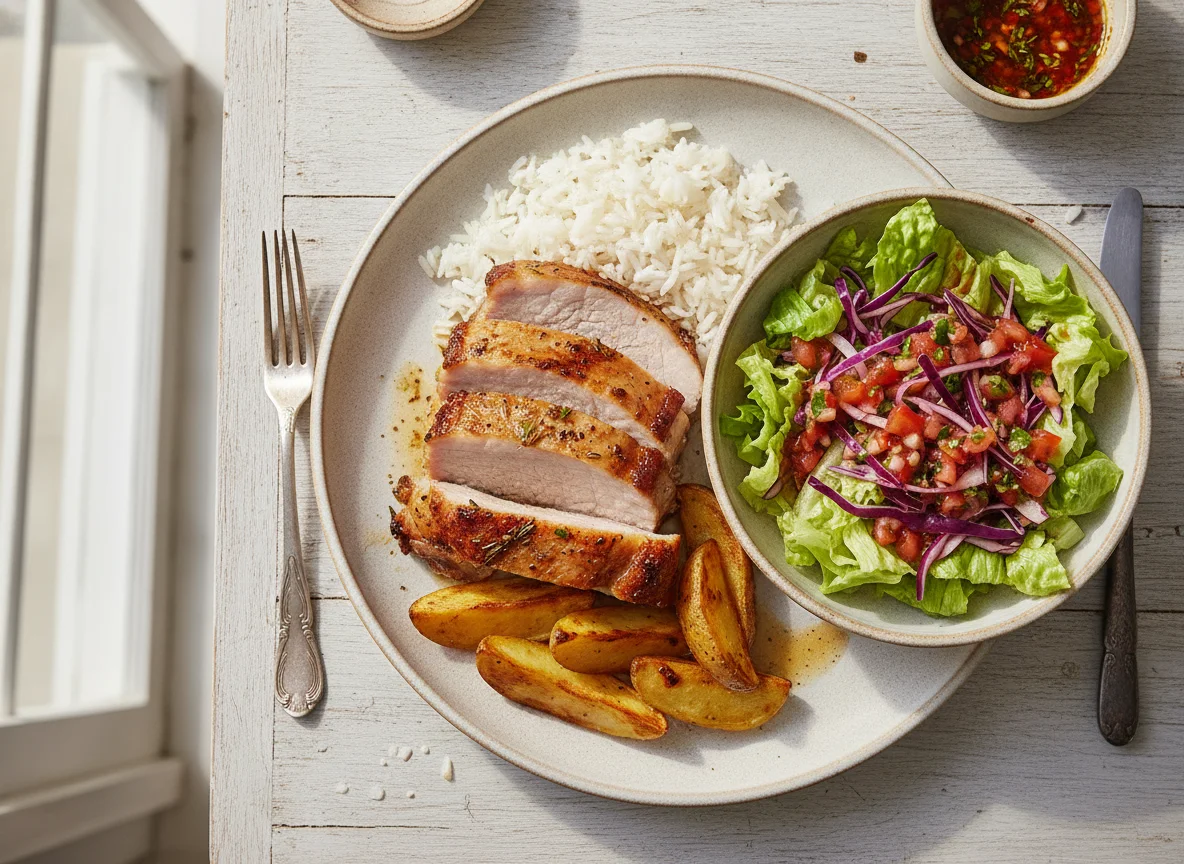 Carne assada com arroz e salada mista photo