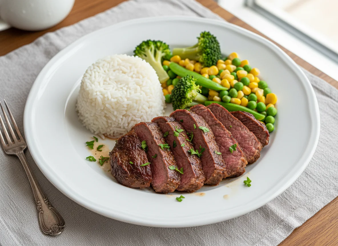 Carne assada com arroz e vegetais photo