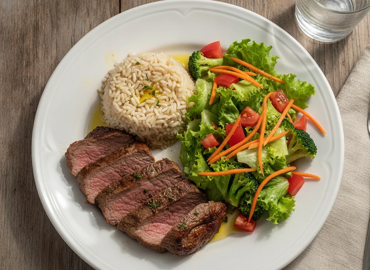 Carne assada com arroz integral e salada mista photo