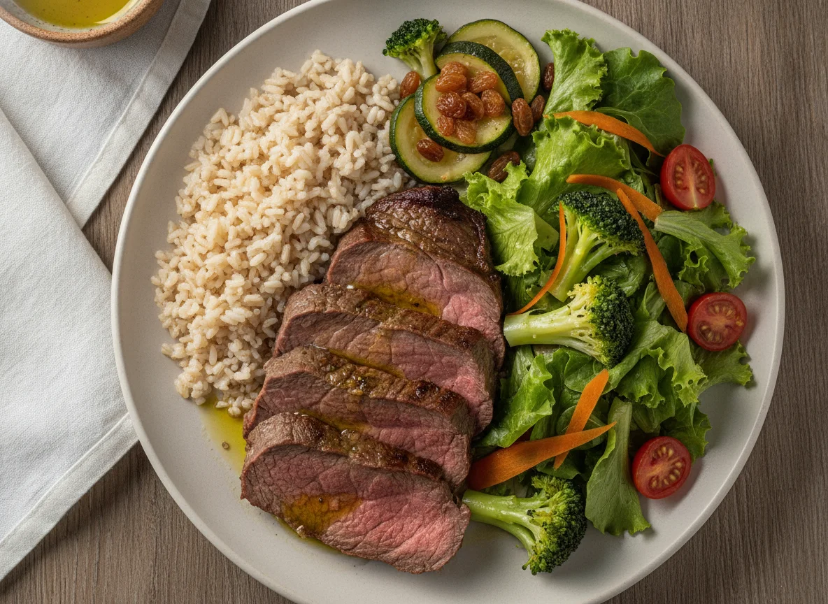 Carne assada com arroz integral e salada variada photo