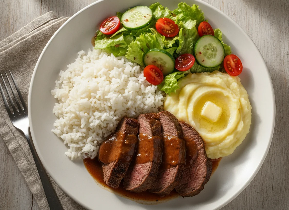 Carne Assada com Arroz, Purê e Salada photo