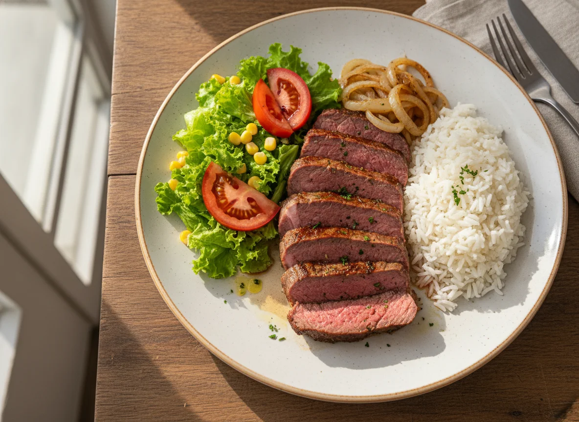 Carne assada com arroz, salada e cebola photo