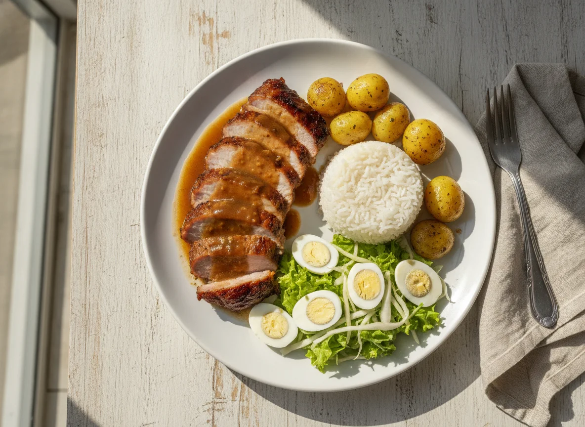 Carne assada com arroz, salada e ovos de codorna photo