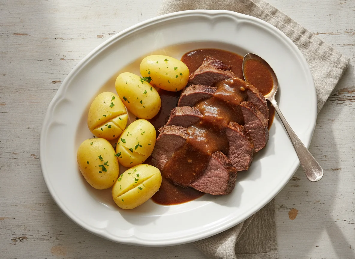 Carne assada com batatas cozidas photo