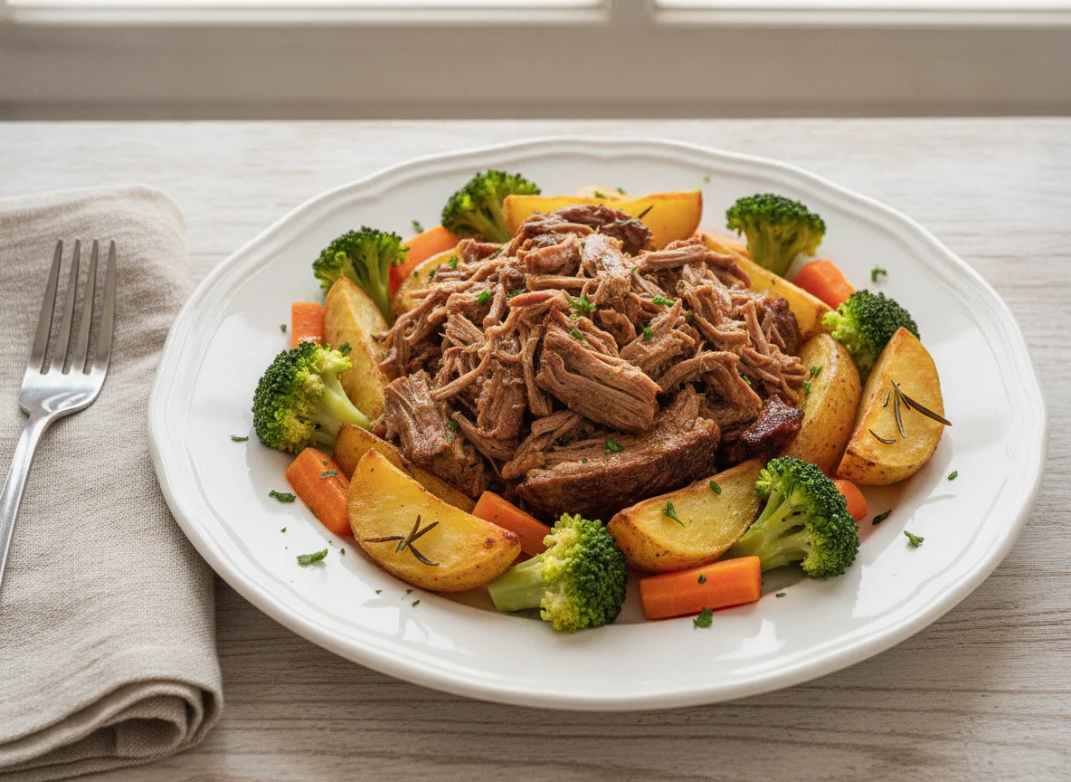 Carne assada com batatas e brócolis photo