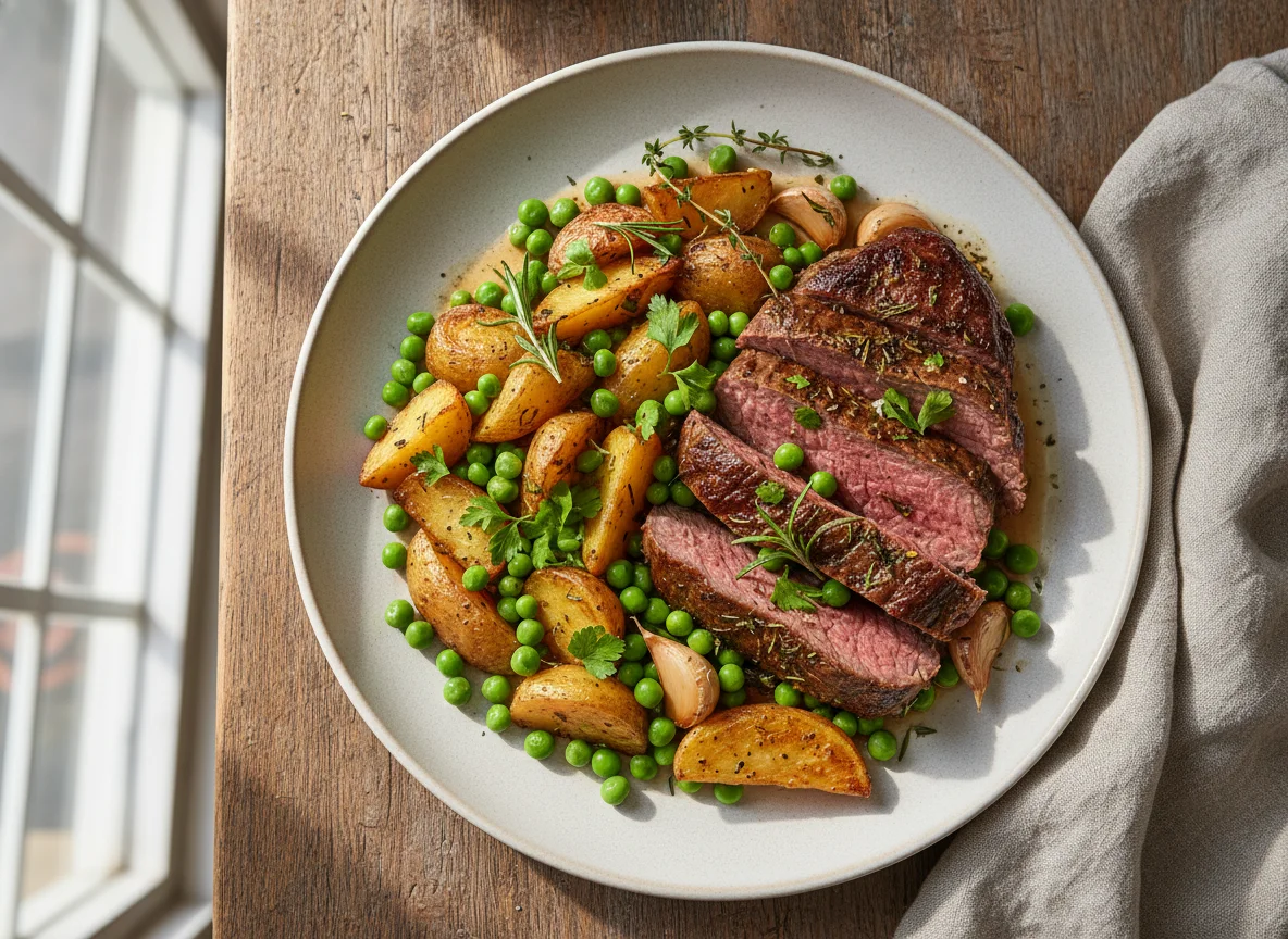 Carne assada com batatas e ervilhas photo