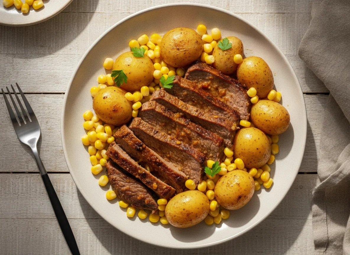 Carne assada com batatas e milho photo