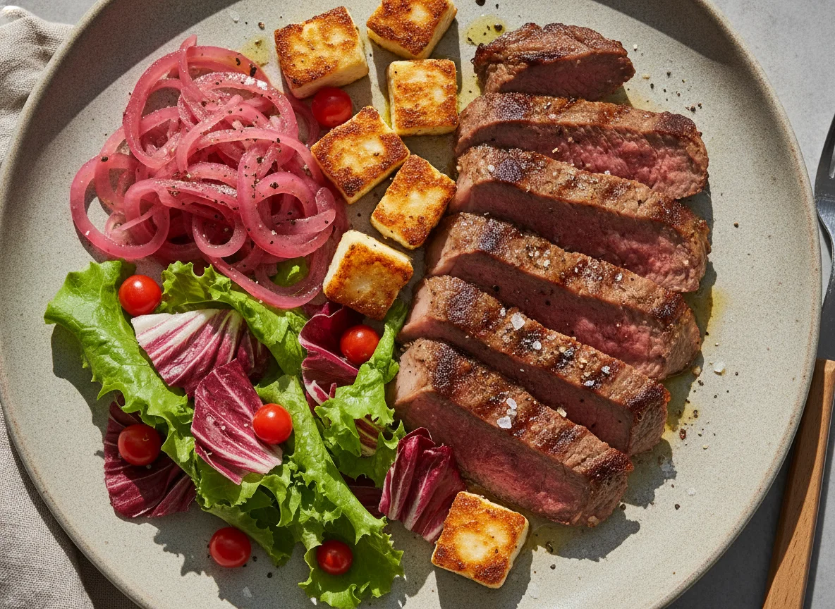 Carne assada com cebola roxa, queijo coalho e salada photo
