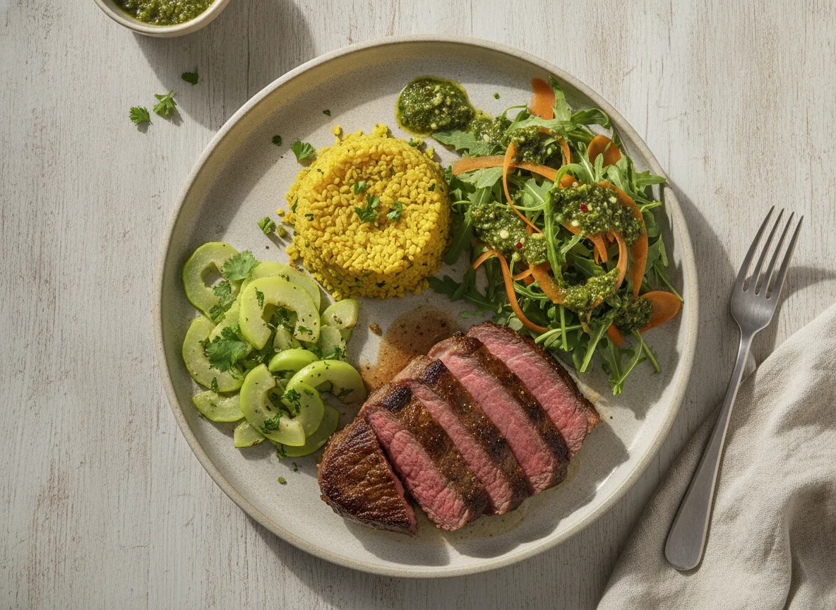Carne assada com chuchu refogado, arroz de couve-flor e salada photo