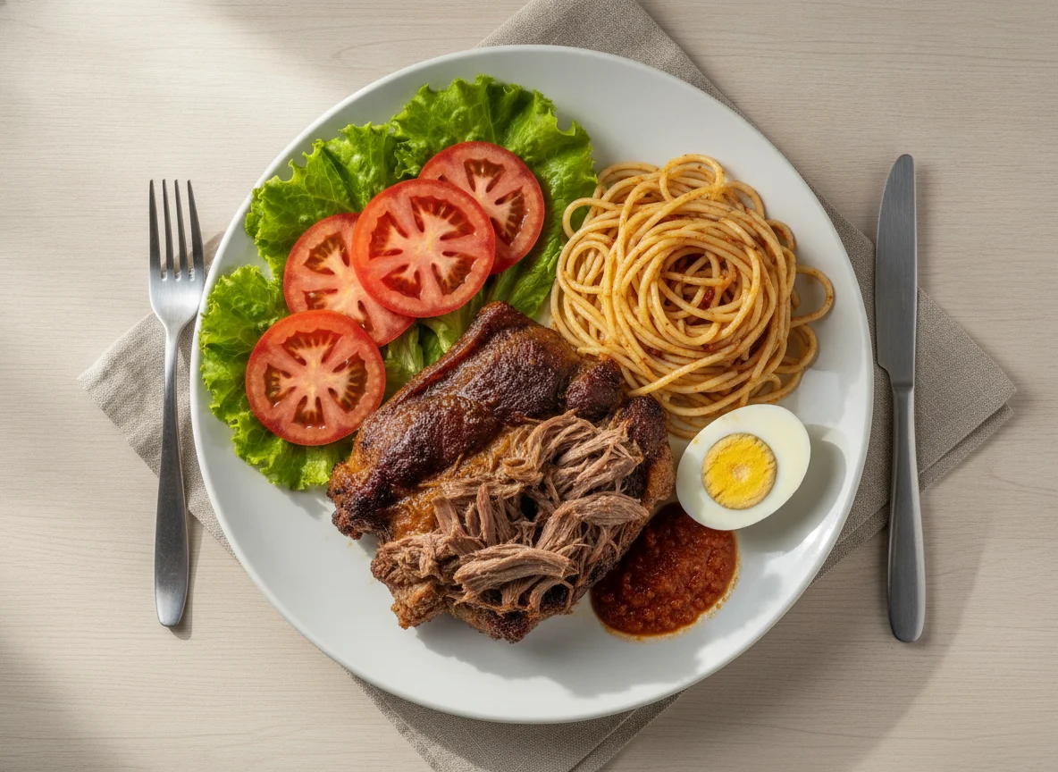 Carne assada com espaguete, ovo e salada photo