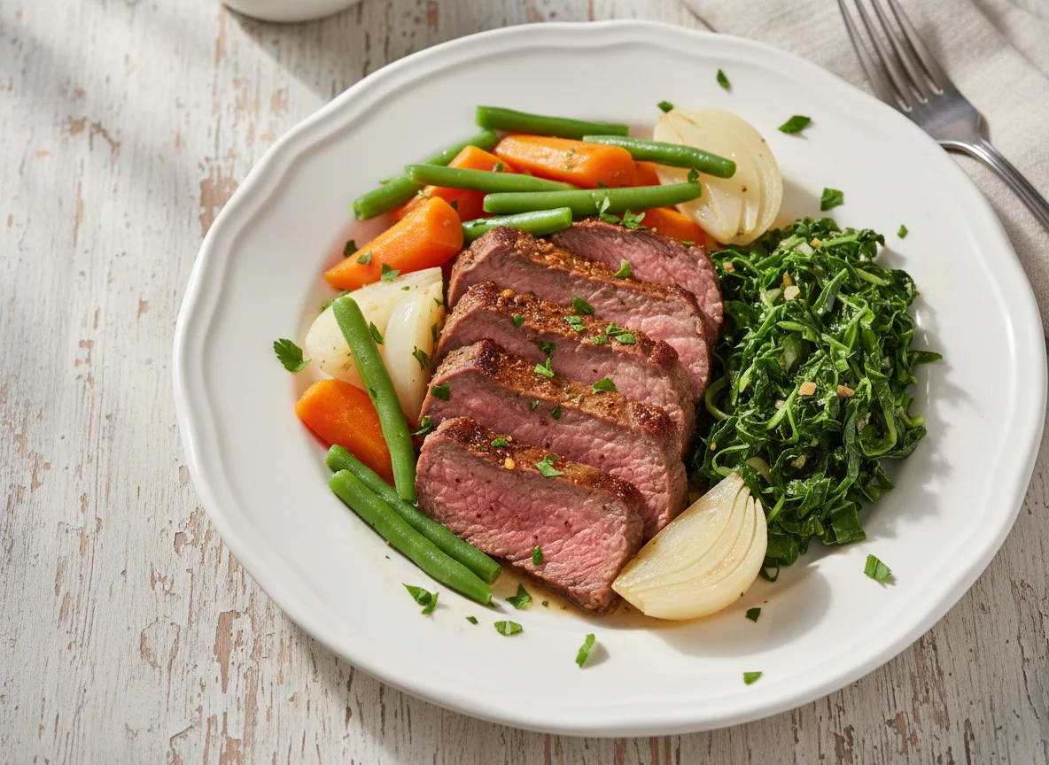 Carne assada com legumes cozidos photo