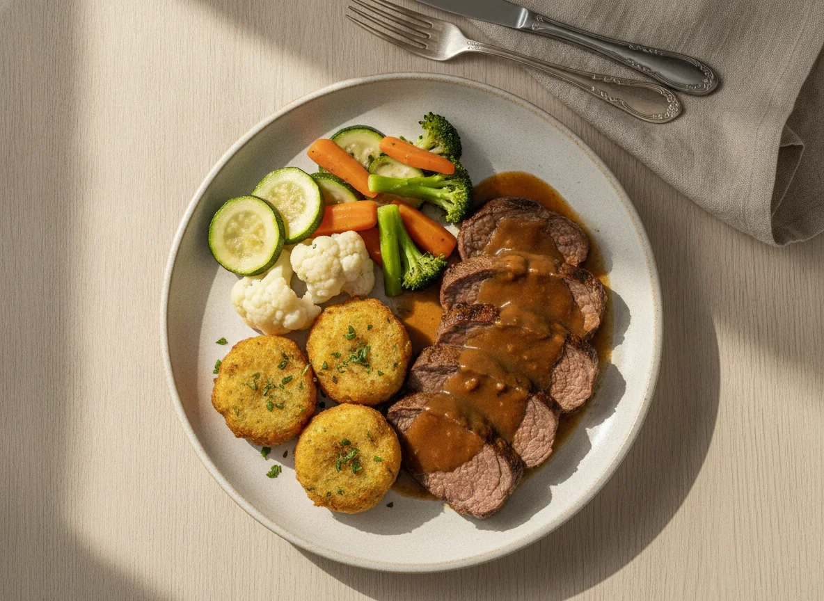 Carne assada com legumes e bolinho de chuva salgado photo