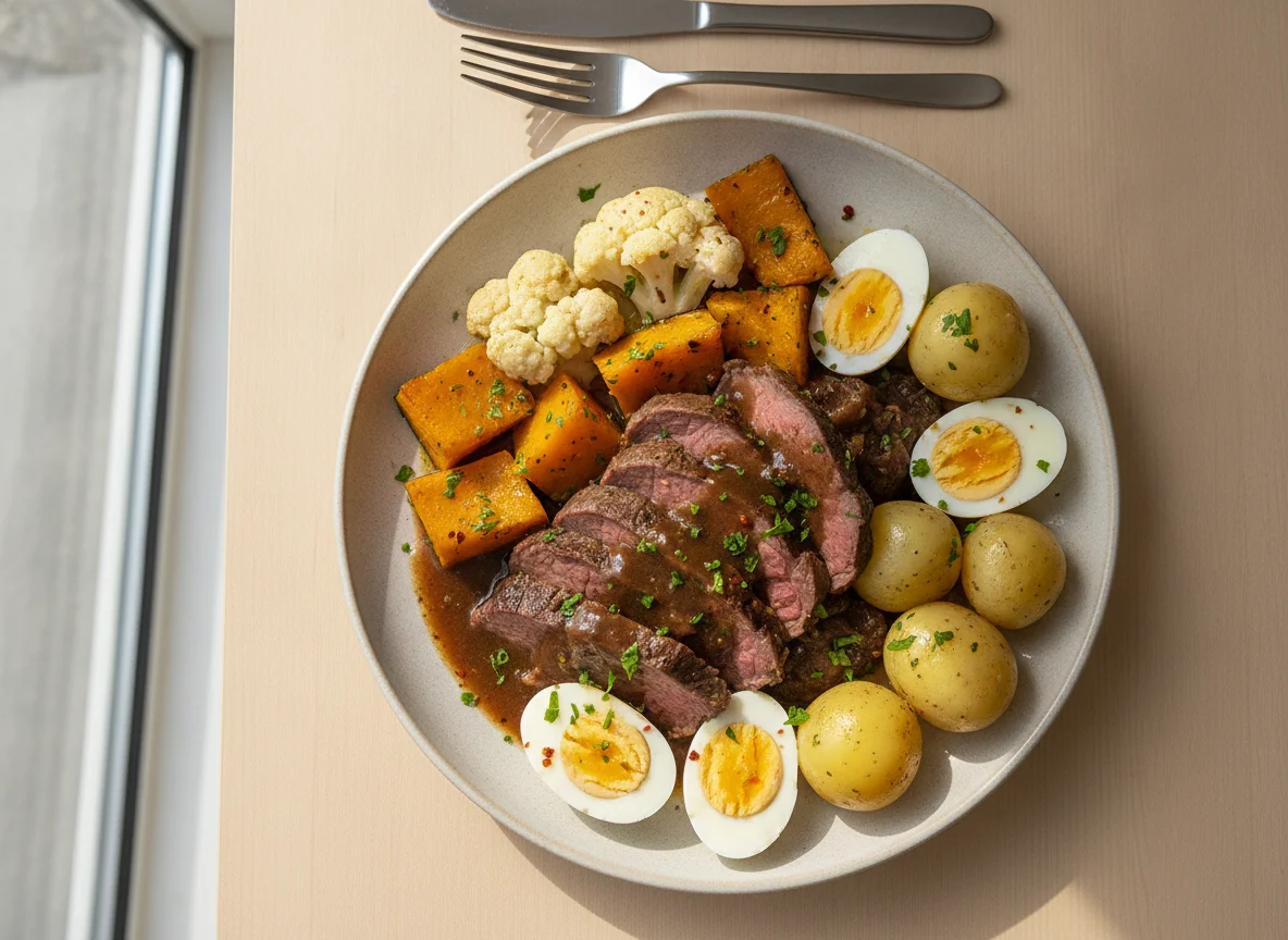 Carne Assada com Legumes e Ovos photo