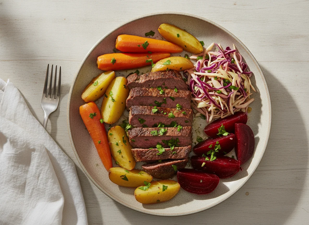 Carne assada com legumes e salada photo