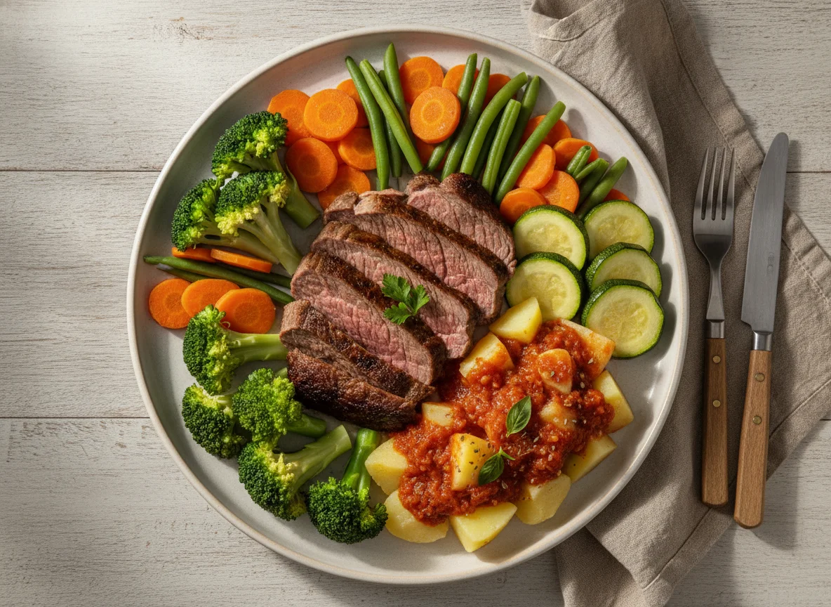 Carne assada com legumes no vapor e batatas ao molho de tomate photo
