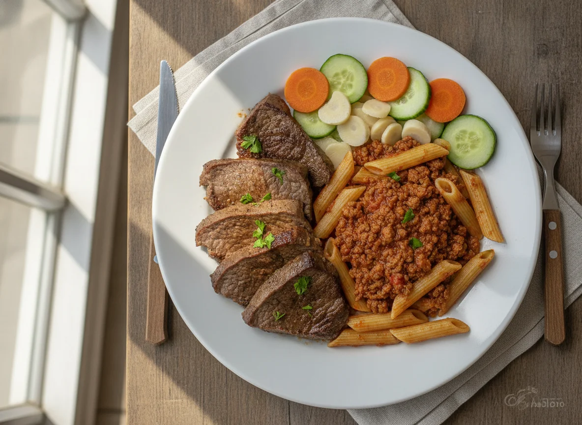 Carne assada com macarrão penne ao molho e salada de legumes photo