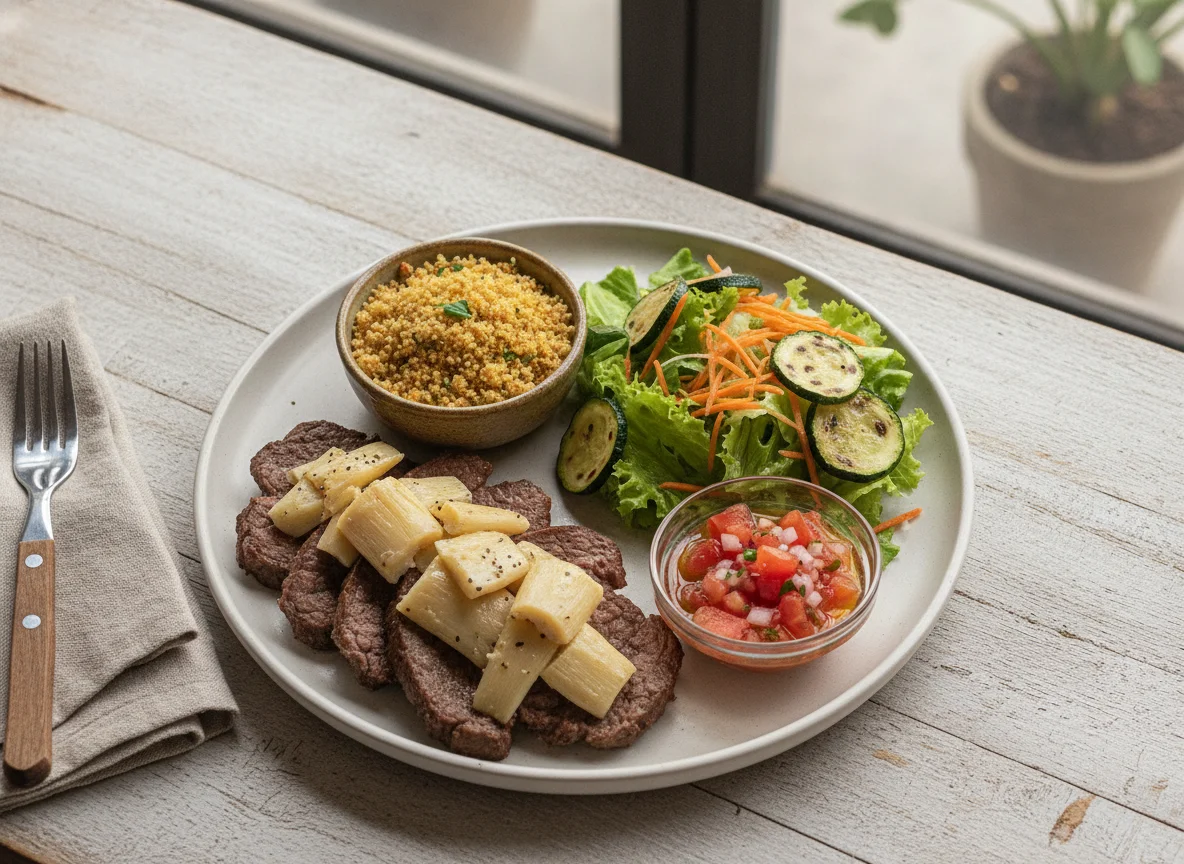Carne assada com palmito, farofa e salada photo