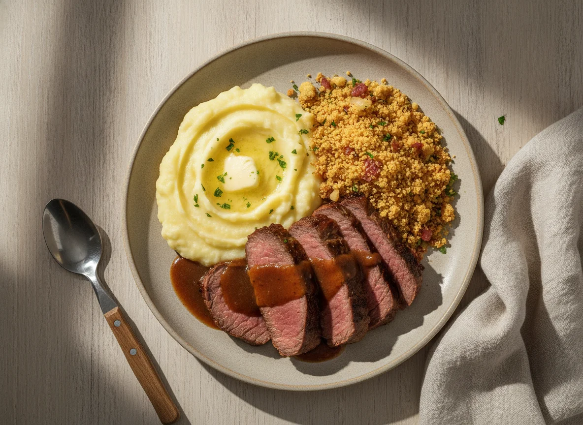 Carne Assada com Purê de Batata e Farofa photo