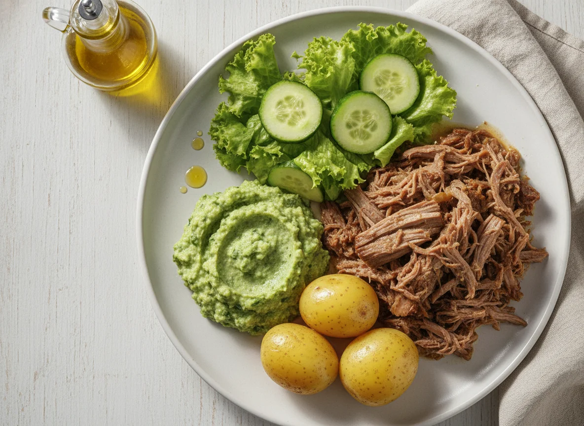 Carne assada com purê de brócolis, batatas e salada photo