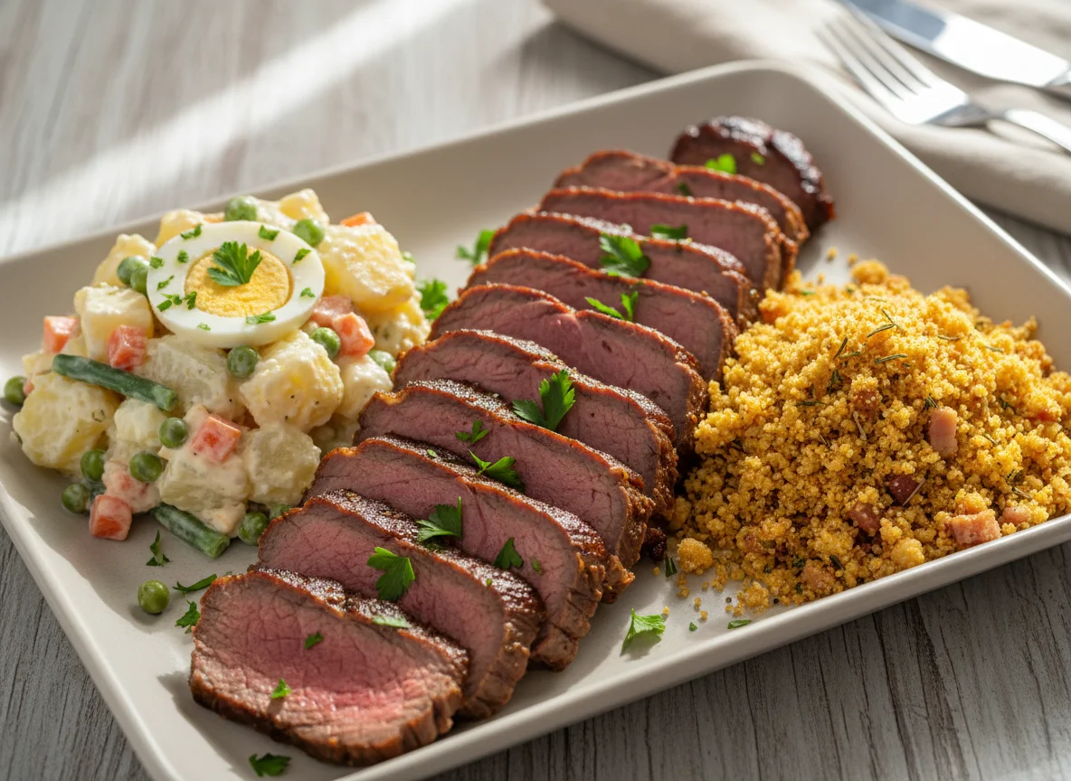 Carne assada com salada de maionese e farofa photo