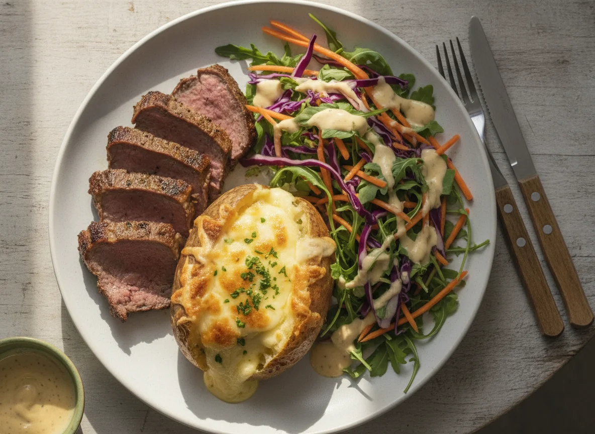 Carne assada com salada e batata recheada photo