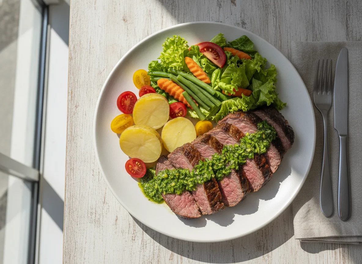 Carne assada com salada e batatas photo