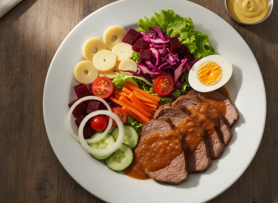 Carne assada com salada mista e ovo photo