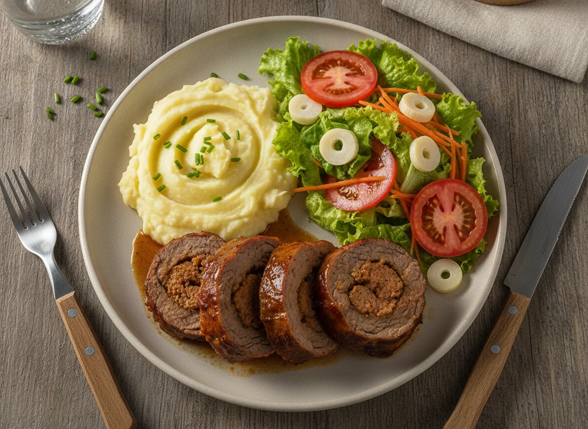 Carne assada recheada com purê de batata e salada photo