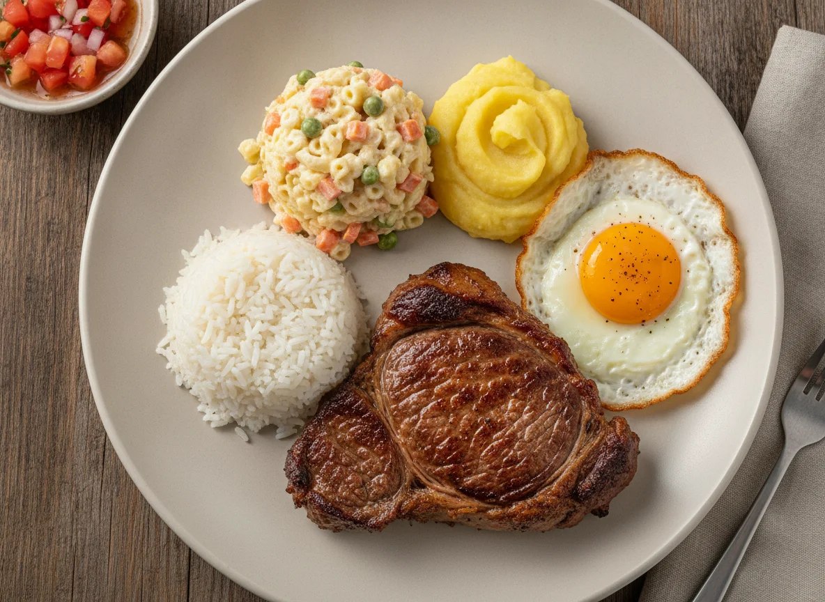 Carne bovina assada com salada de macarrão e maionese photo