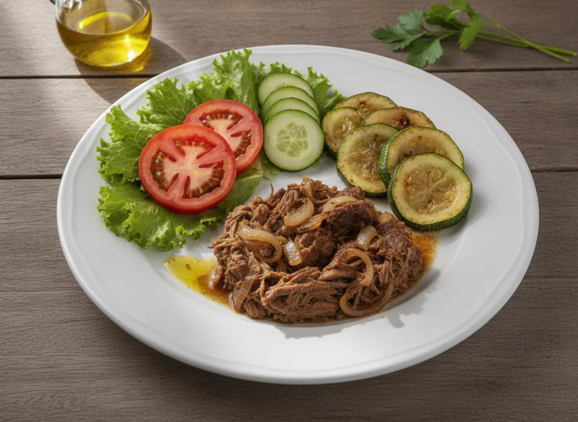Carne bovina com abobrinha, cebola e salada photo