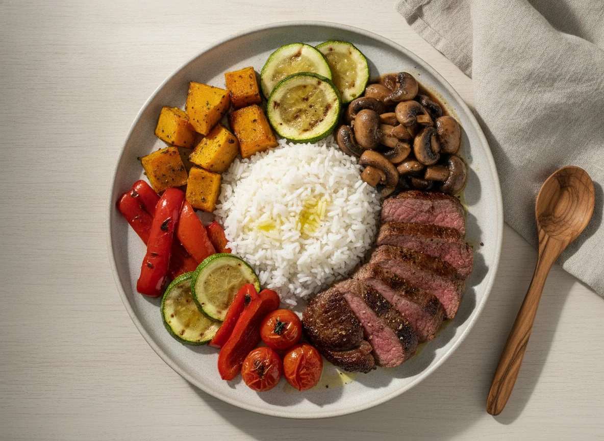 Carne bovina com arroz, cogumelos e legumes assados photo