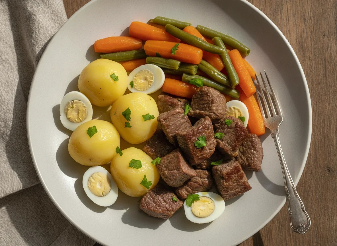 Carne bovina com batatas e salada de legumes photo