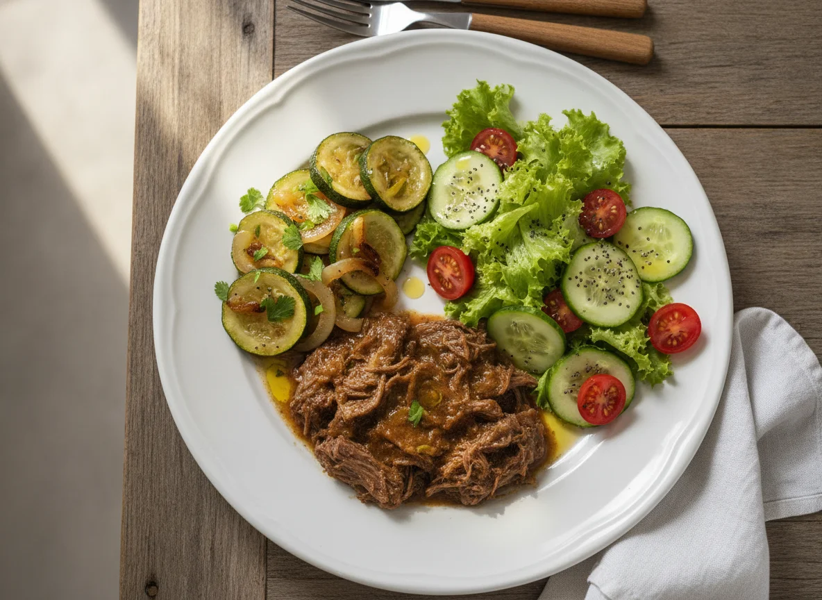 Carne bovina com legumes e salada photo