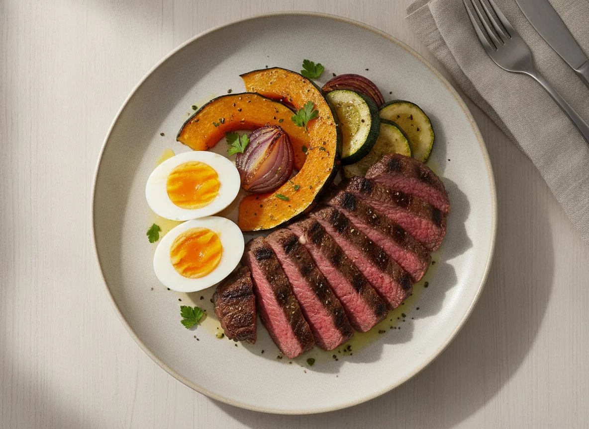 Carne bovina com ovos cozidos e legumes assados photo