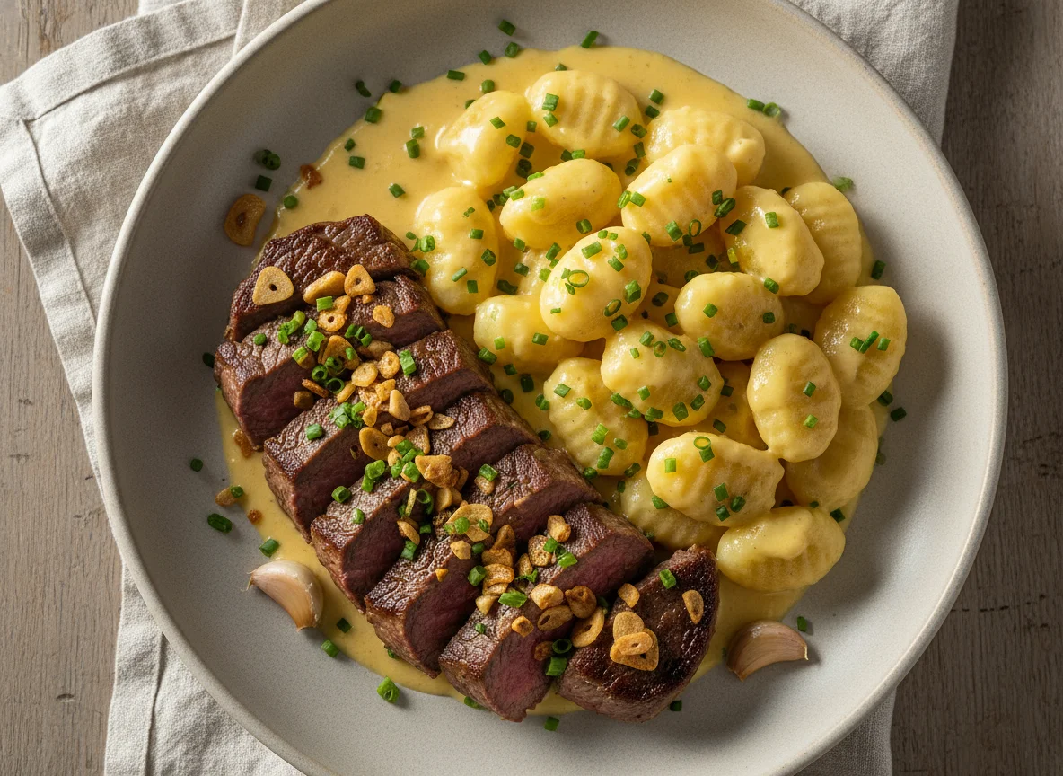 Carne com alho e nhoque ao molho de queijo photo