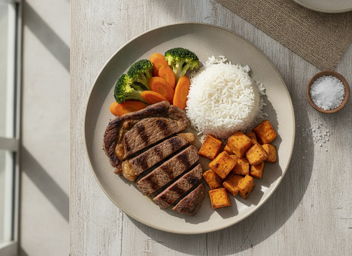 Carne com arroz, batata doce e vegetais photo