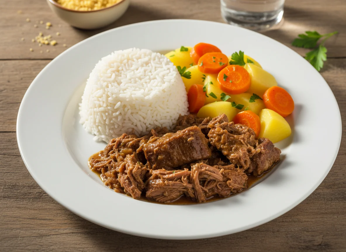 Carne com arroz, batata e cenoura photo