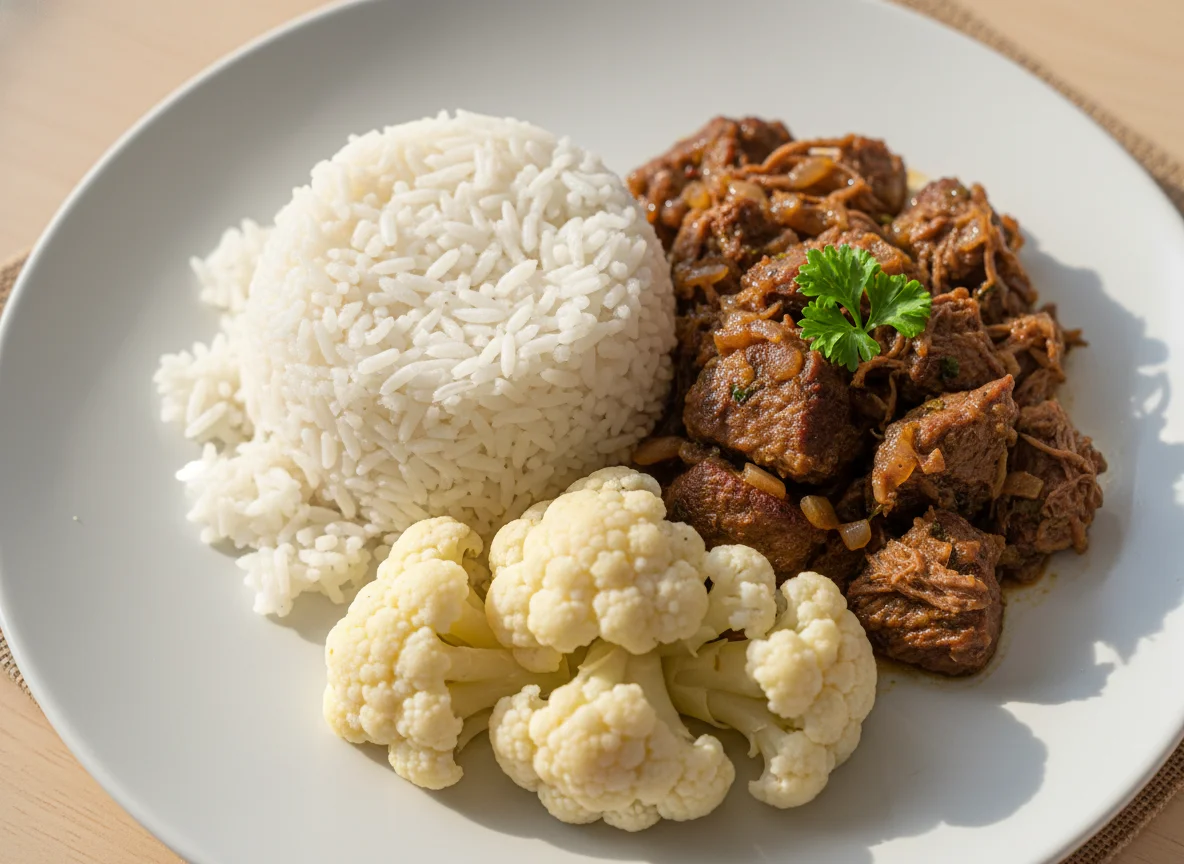 Carne com arroz e couve-flor photo