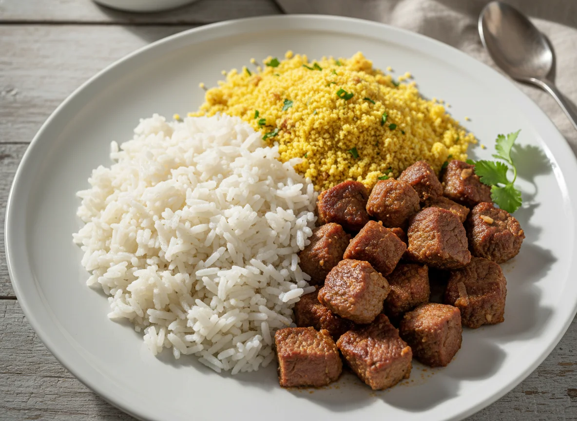 Carne com arroz e farofa photo