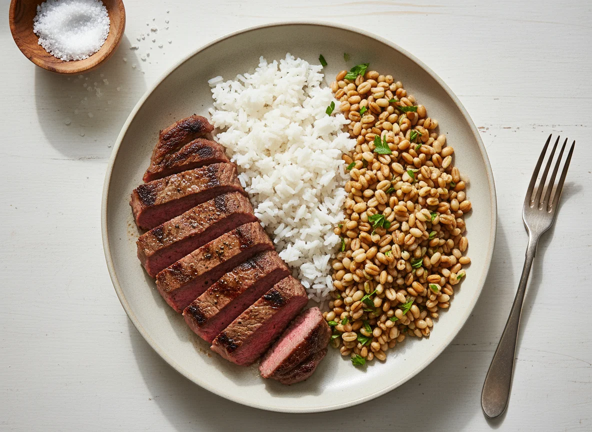 Carne com arroz e grãos photo
